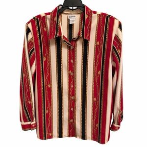 VTG BonWorth Women Baroque Chain Stripe Blouse LongSleeve Padded Shoulders Sz PL